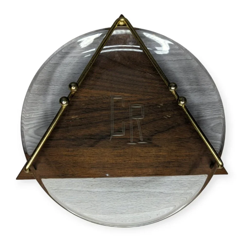 Vintage MCM Glass, Wood & Metal Ash Tray